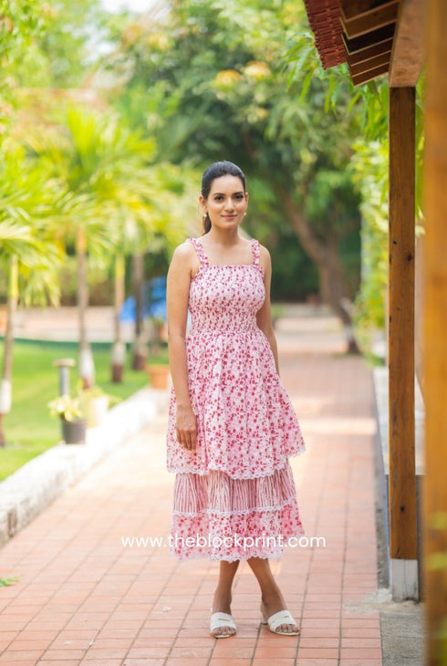 Roza Pink Tier Hand Block Print Cotton Dress (CRD21)