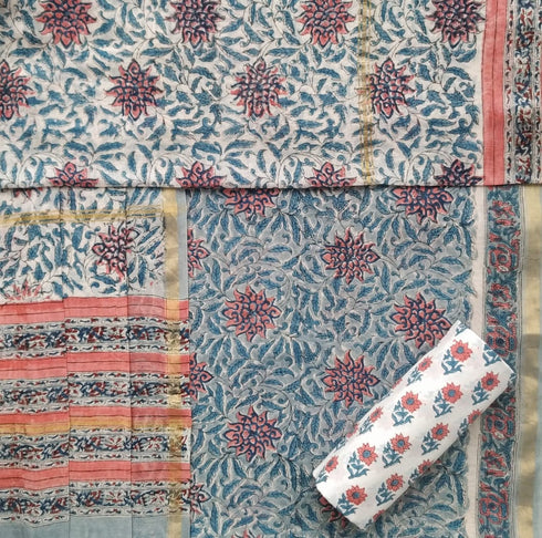 Floral Jaal Hand Block Print Chanderi Silk Suit Set (CHA46)