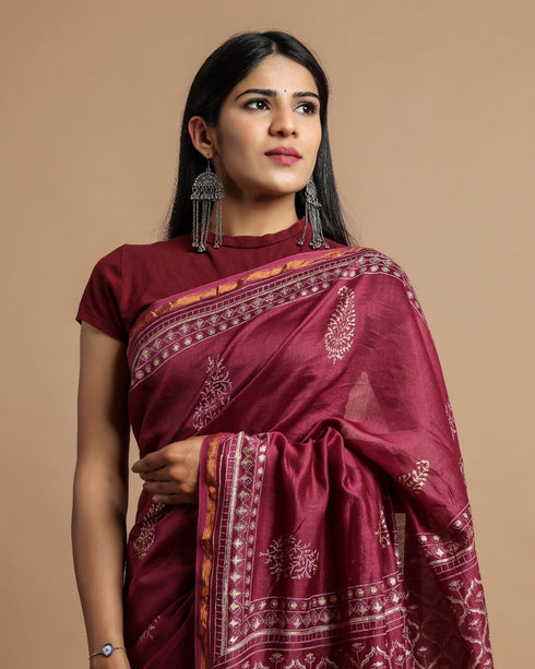 Wine Khadi Gold Print Chanderi Silk Saree (CHSAR05)