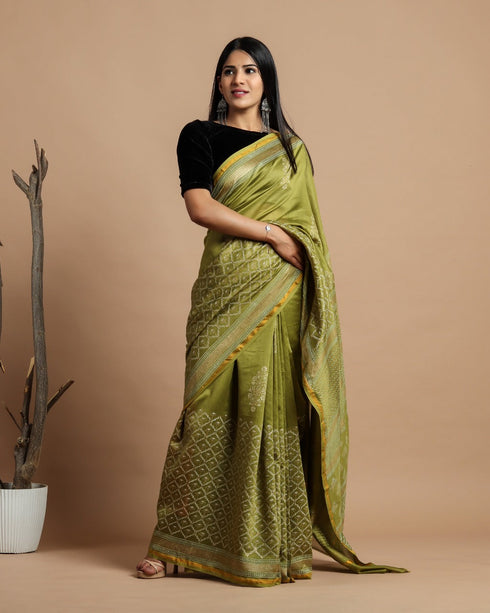 Olive Green Gold Print Chanderi Silk Saree (CHSAR08)