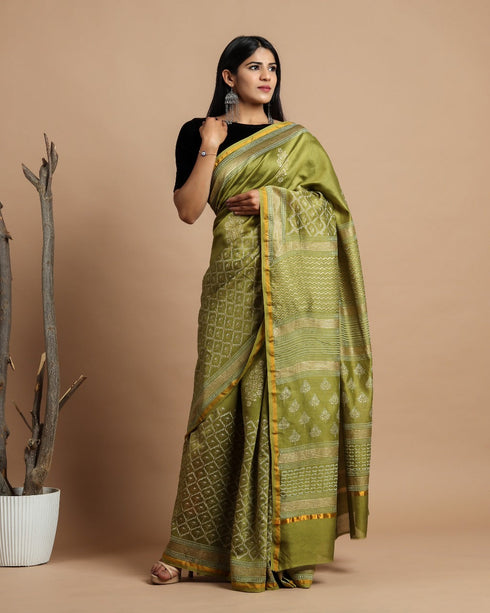 Olive Green Gold Print Chanderi Silk Saree (CHSAR08)