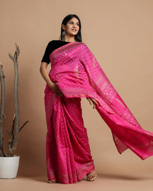 Persian Pink Hand Block Print Chanderi Silk Saree (CHSAR09)