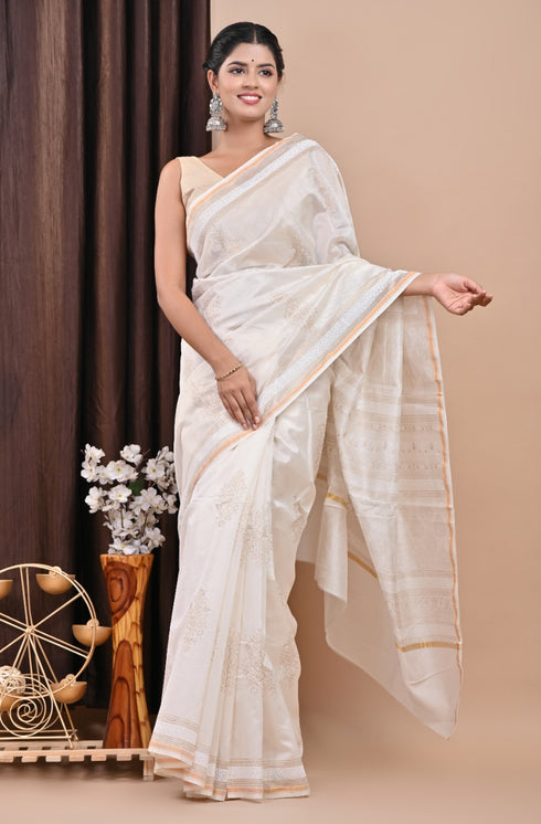 Designer Khadi Gold Print Chanderi Silk Saree (CHSAR11)