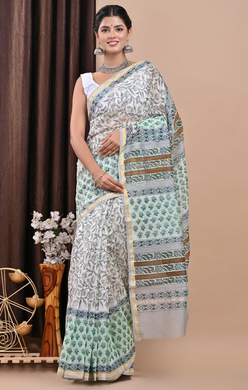 Designer Hand Block Print Chanderi Silk Saree (CHSAR18)