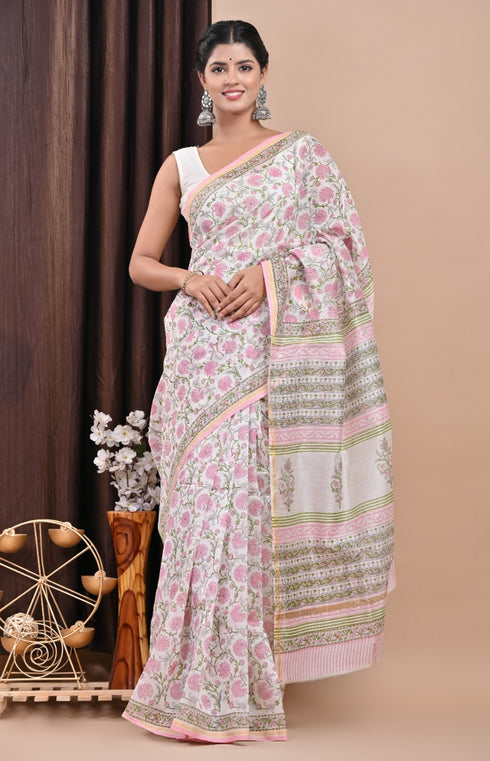 Floral Jaal Hand Block Print Chanderi Silk Saree (CHSAR21)