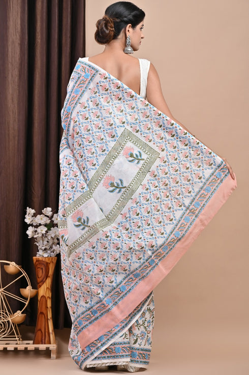 Floral Jaal Hand Block Print Chanderi Silk Saree (CHSAR24)