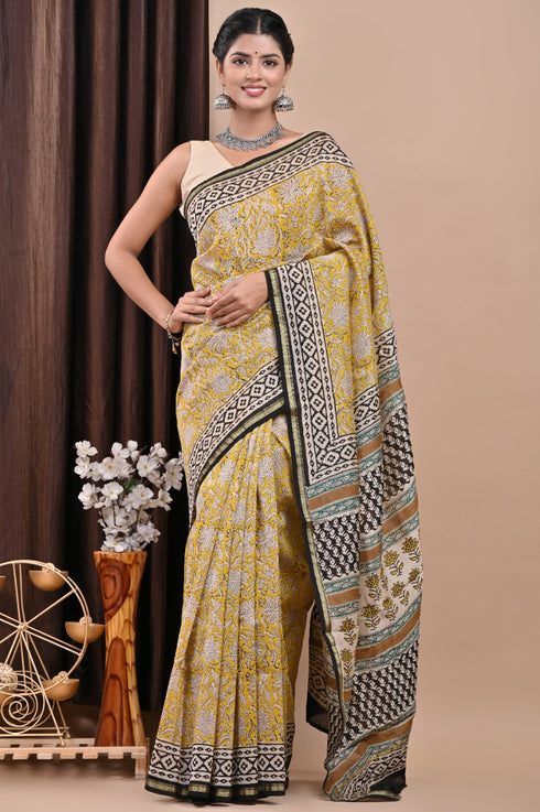 Floral Jaal Bagru Print Chanderi Silk Saree (CHSAR31)