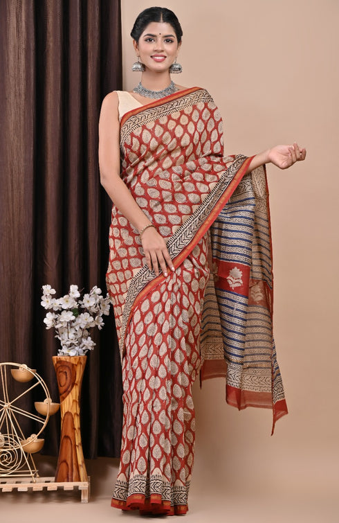 Designer Hand Block Print Chanderi Silk Saree (CHSAR35)