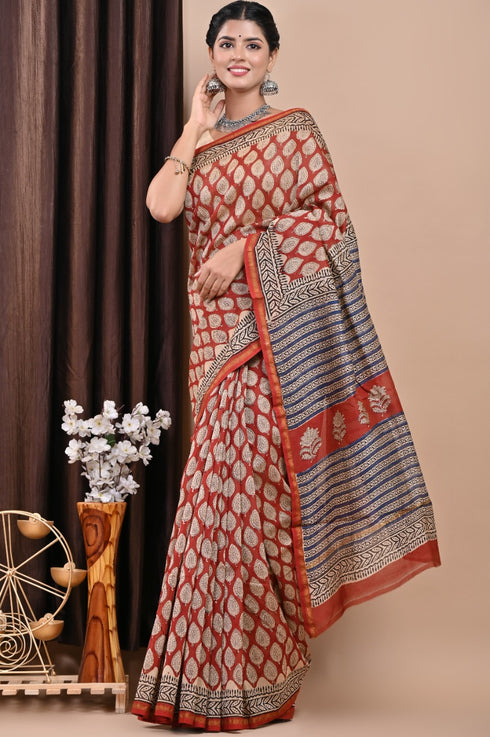 Designer Hand Block Print Chanderi Silk Saree (CHSAR35)