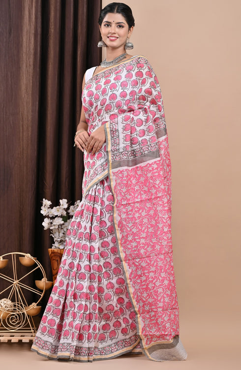 Elegant Hand Block Print Chanderi Silk Saree (CHSAR38)