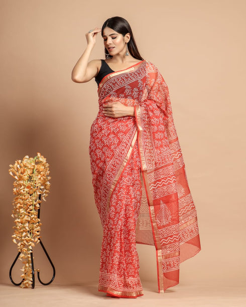 Coral Base Hand Block Print Kota Doria Saree (KDS25)