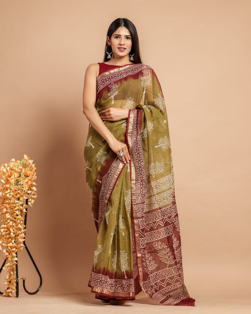 Elegant Hand Block Print Kota Doria Saree (KDS26)