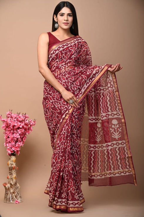 Designer Hand Block Print Kota Doria Saree (KDS27)