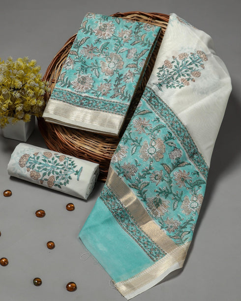 Floral Jaal Hand Block Print Maheshwari Silk Suit Set (MSL07)