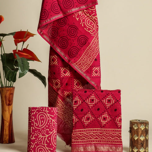 Elegant Hand Block Print Maheshwari Silk Suit Set (MSL30)