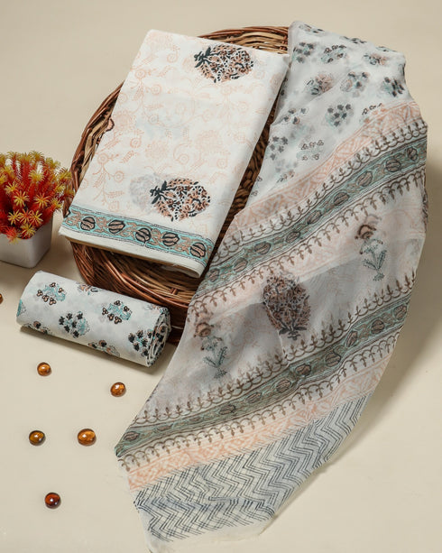 Buta Print Cotton Suit Set with Chiffon Dupatta (PCHF23)