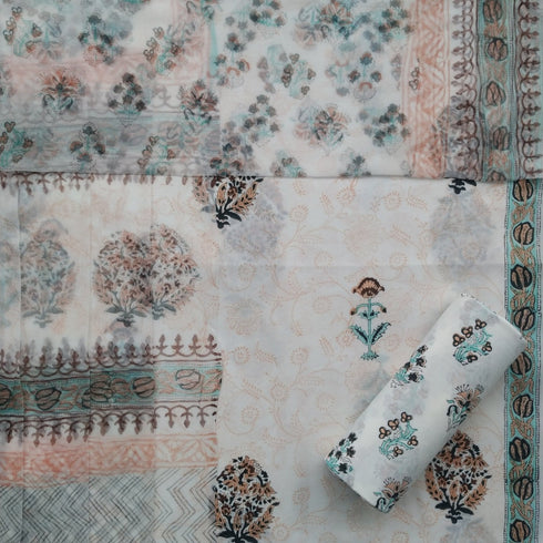 Buta Print Cotton Suit Set with Chiffon Dupatta (PCHF23)