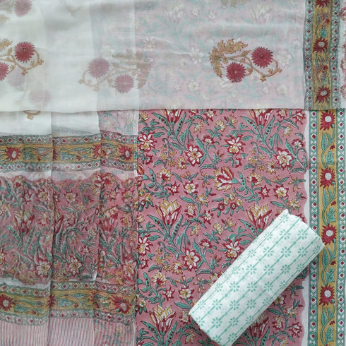 Designer Hand Block Print Cotton Suit Set with Chiffon Dupatta (PCHF26)