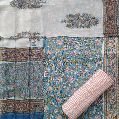 Jaal Hand Block Print Cotton Suit Set with Chiffon Dupatta (PCHF34)