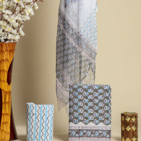 Buti Print Cotton Suit Set with Chiffon Dupatta (PCHF36)