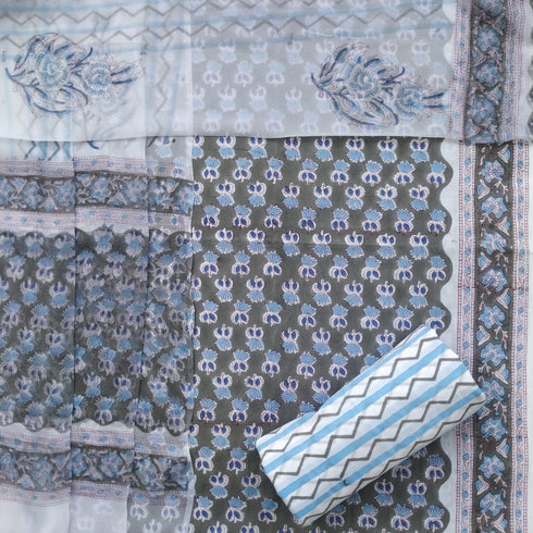 Buti Print Cotton Suit Set with Chiffon Dupatta (PCHF36)