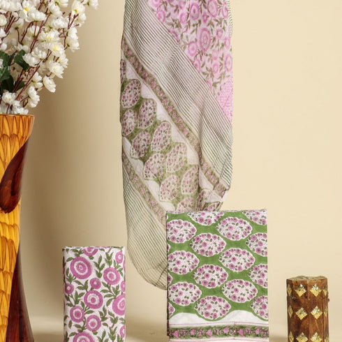 Elegant Hand Block Print Cotton Suit Set with Chiffon Dupatta (PCHF37)