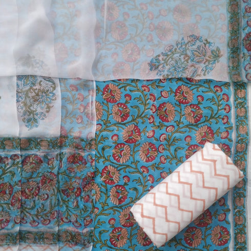 Elegant Hand Block Print Cotton Suit Set with Chiffon Dupatta (PCHF38)