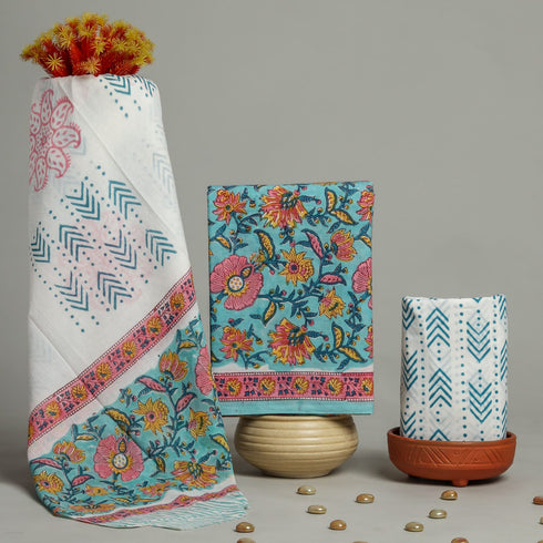 Floral Jaal Hand BLock Print Cotton Suit Set with Mulmul Dupatta (PRMUL02)