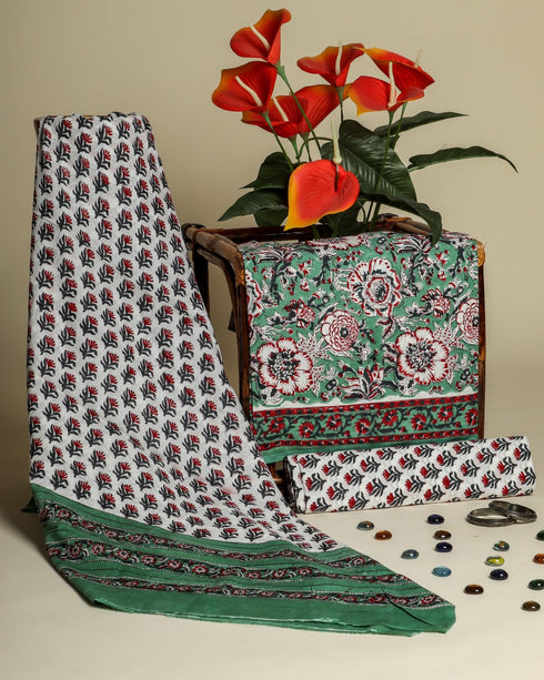 Elegant Hand Block Print Cotton Suit Set with Mulmul Dupatta (PRMUL28)