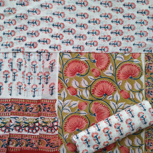Lotus Print Cotton Suit Set with Mulmul Dupatta (PRMUL29)