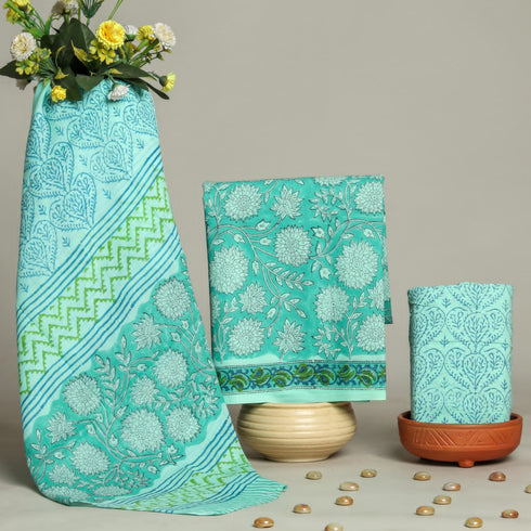 Elegant Hand Block Print Cotton Suit Set with Mulmul Dupatta (PRMUL60)