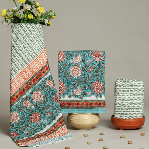Elegant Hand Block Print Cotton Suit Set with Mulmul Dupatta (PRMUL64)