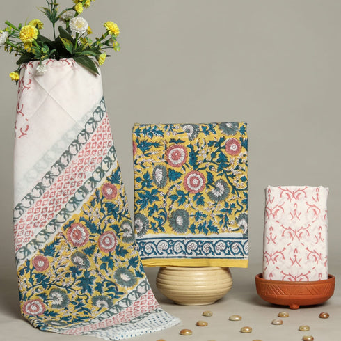 Elegant Hand Block Print Cotton Suit Set with Mulmul Dupatta (PRMUL65)