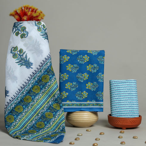 Elegant Hand Block Print Cotton Suit Set with Mulmul Dupatta (PRMUL68)