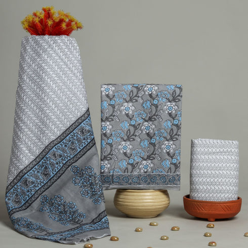 Floral Jaal Hand Block Print Cotton Suit Set with Mulmul Dupatta (PRMUL71)