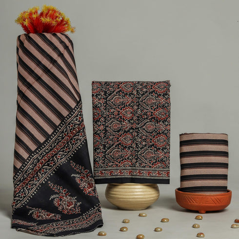 Traditional Hand Block Print Cotton Suit Set with Mulmul Dupatta (PRMUL73)