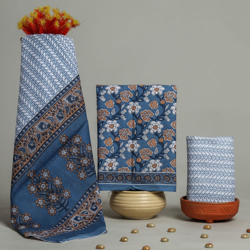 Floral Jaal Hand Block Print Cotton Suit Set with Mulmul Dupatta (PRMUL75)