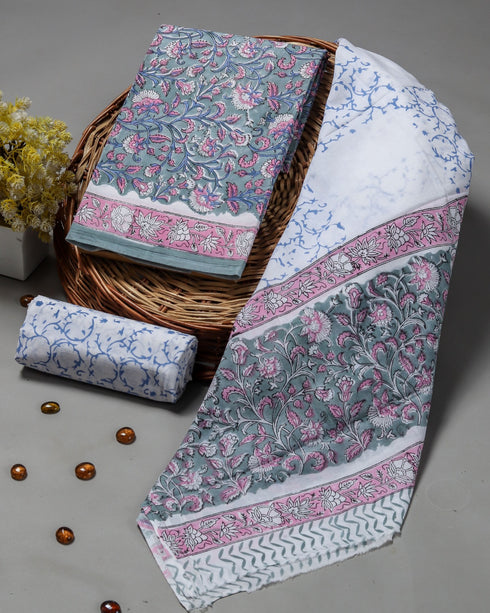 Designer Hand Block Print Cotton Suit Set with Mulmul Dupatta (PRMUL87)