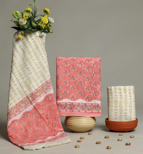 Elegant Hand Block Print Cotton Suit Set with Mulmul Dupatta (PRMUL91)