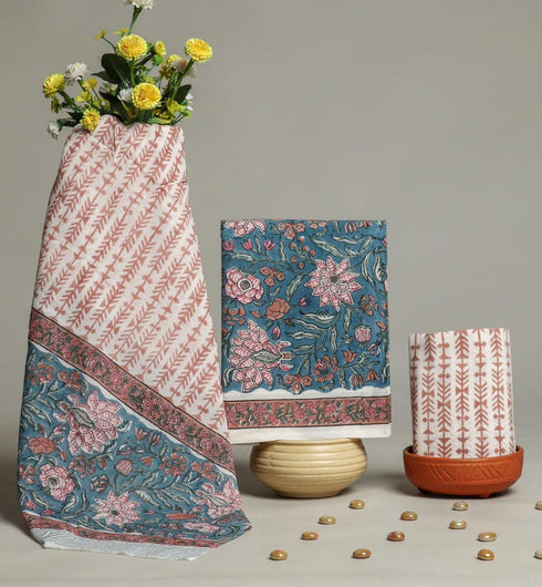 Floral Jaal Hand Block Print Cotton Suit Set with Mulmul Dupatta (PRMUL92)