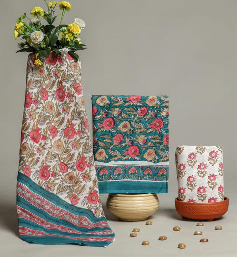 Designer Hand Block Print Cotton Suit Set with Mulmul Dupatta (PRMUL97)