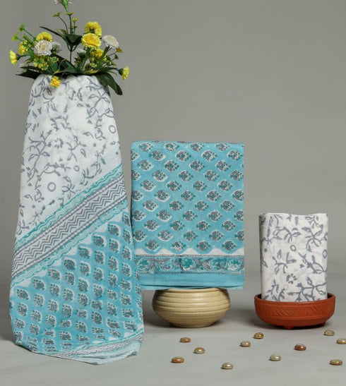 Buti Print Cotton Suit Set with Mulmul Dupatta (PRMUL98)